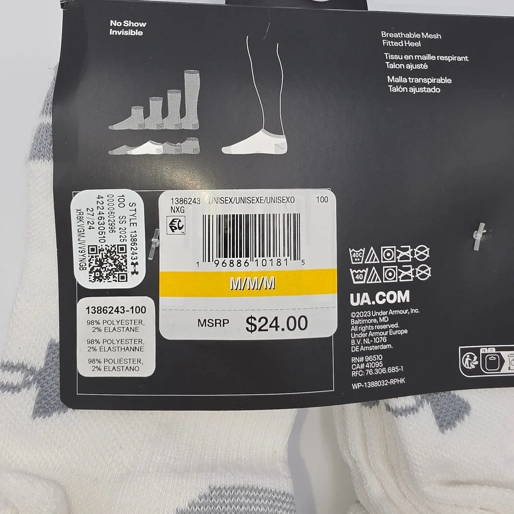 Under Armour Mens Performance Tech No Show Socks 6 Pk White Grey 1386243-100 NWT